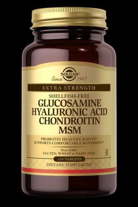 Solgar glucosamine supplement bottle for joint health with hyaluronic acid, chondroitin, and MSM.