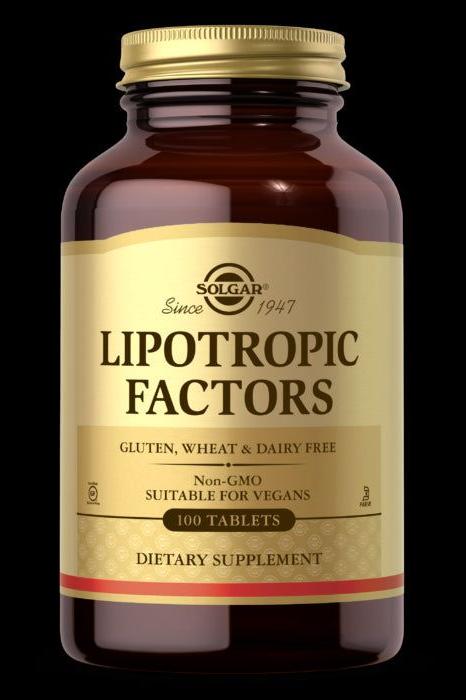 Solgar Lipotropic Factors dietary supplement bottle, containing 100 tablets, gluten, wheat & dairy free, suitable for vegans.