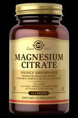 Solgar Magnesium Citrate dietary supplement bottle for muscle and nerve support, 60 tablets, gluten and dairy free.
