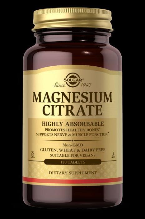 Solgar Magnesium Citrate supplement bottle, promotes healthy bones and muscle function, non-GMO, vegan, 120 tablets.