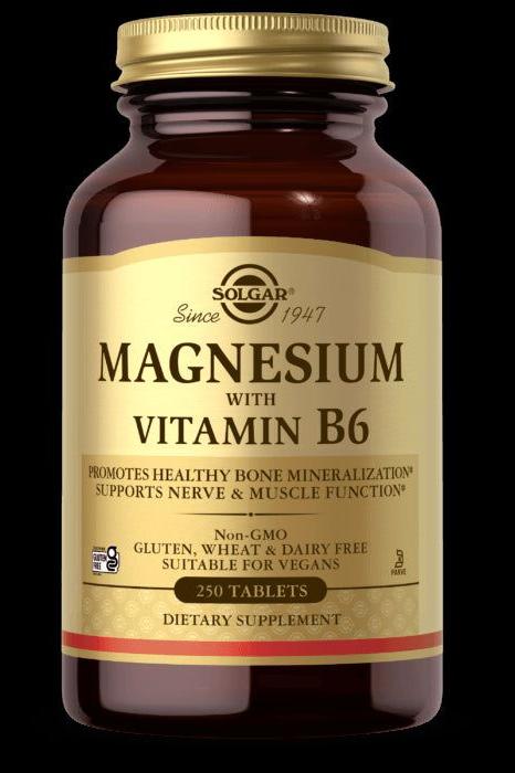 Solgar Magnesium with Vitamin B6 supplement bottle promoting nerve and muscle function, 250 tablets.