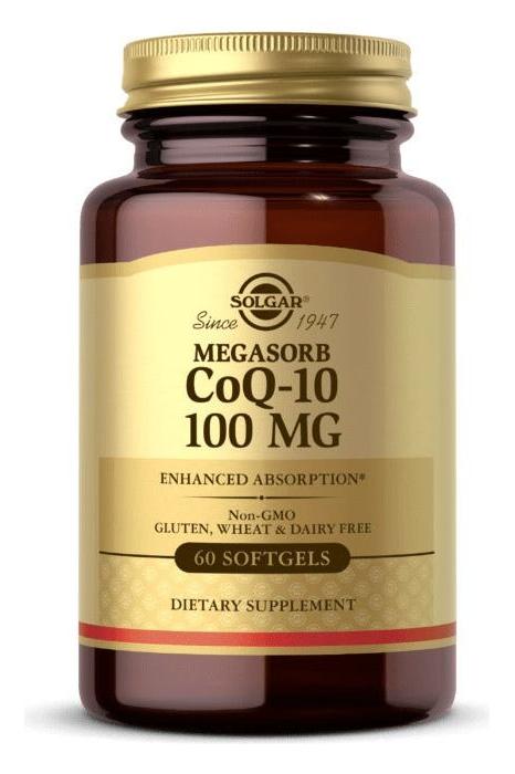 Solgar Megasorb CoQ-10 100 mg supplement bottle, 60 softgels for enhanced absorption, gluten, wheat, and dairy-free.