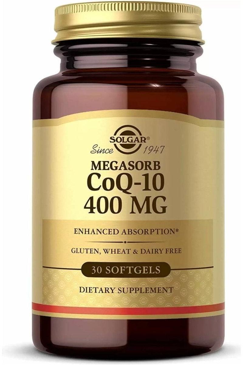 Solgar Megasorb CoQ-10 400 MG bottle with 30 softgels; dietary supplement for heart health.