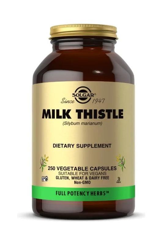Solgar Milk Thistle dietary supplement bottle with 250 vegetable capsules for liver health support.