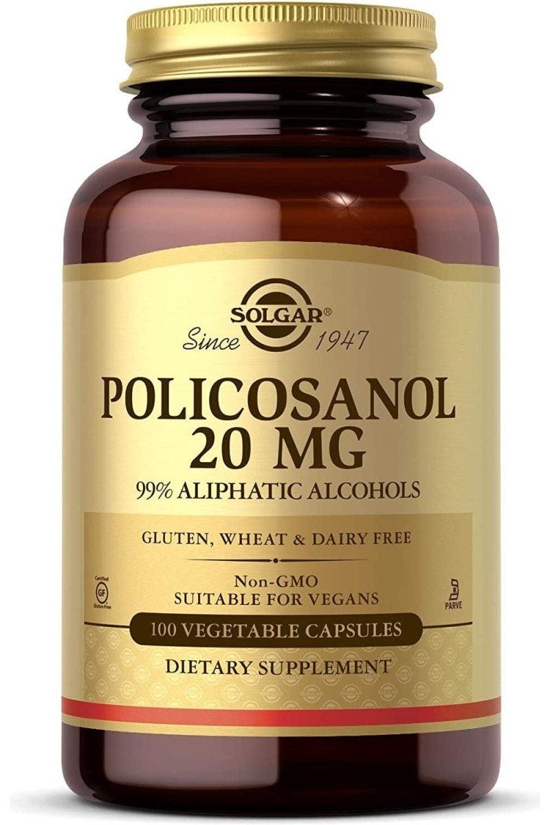 Solgar Policosanol 20 mg dietary supplement in a brown bottle, contains 100 vegan-friendly vegetable capsules.