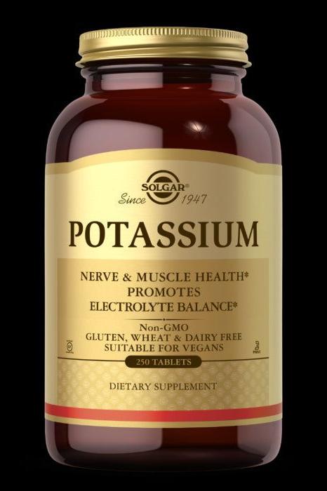 Solgar Potassium supplement bottle, 250 tablets for nerve and muscle health, promotes electrolyte balance, vegan-friendly.