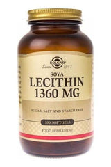 Solgar Soya Lecithin supplement bottle with 100 softgels promoting brain and liver health.
