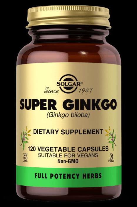 Solgar Super Ginkgo dietary supplement bottle with 120 vegan vegetable capsules for cognitive support.