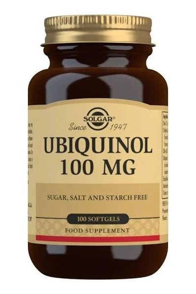 Solgar Ubiquinol 100 mg softgel bottle, high potency coenzyme Q10, sugar and starch-free, health supplement.