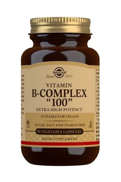 Solgar Vitamin B-Complex "100" bottle, extra high potency, 50 vegetable capsules, suitable for vegans.