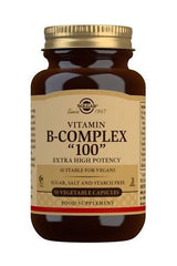 Solgar Vitamin B-Complex "100" bottle, extra high potency, 50 vegetable capsules, suitable for vegans.