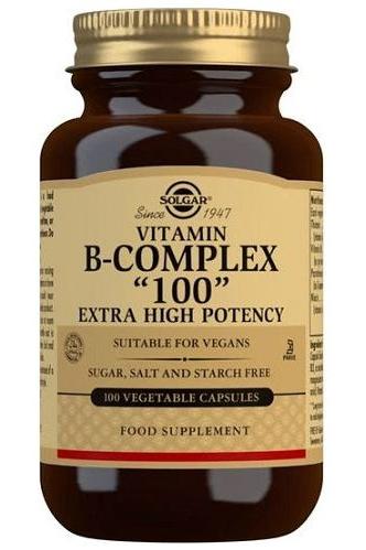 Solgar Vitamin B-Complex 100 capsules, extra high potency, vegan-friendly dietary supplement.