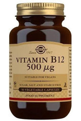Solgar Vitamin B12 supplement bottle, 500 mcg, 50 vegan vegetable capsules, sugar-free, food supplement.