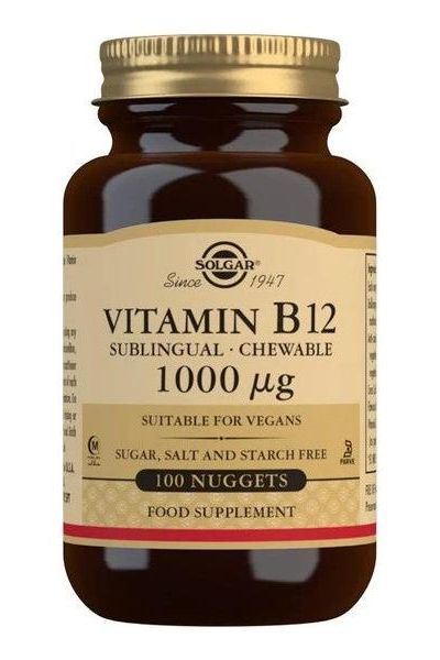 Solgar Vitamin B12 1000 mcg chewable nuggets, vegan and sugar-free, dietary supplement for health support.