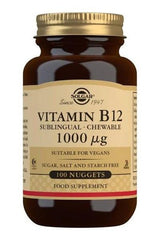 Solgar Vitamin B12 1000 mcg chewable nuggets, vegan and sugar-free, dietary supplement for health support.