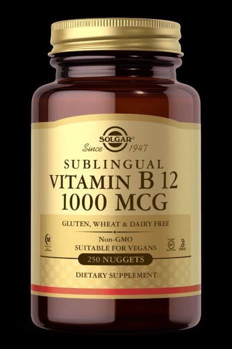 Solgar Sublingual Vitamin B12 1000 MCG, gluten-free, vegan-friendly dietary supplement in a brown bottle.