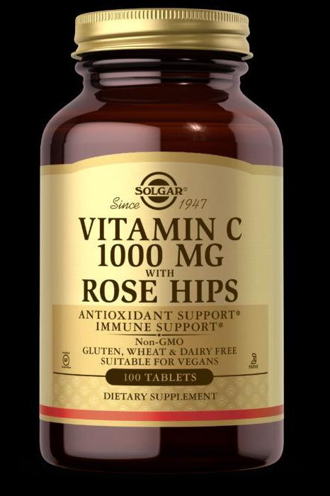 Solgar Vitamin C 1000 mg with Rose Hips dietary supplement bottle, 100 tablets, antioxidant support and immune support.