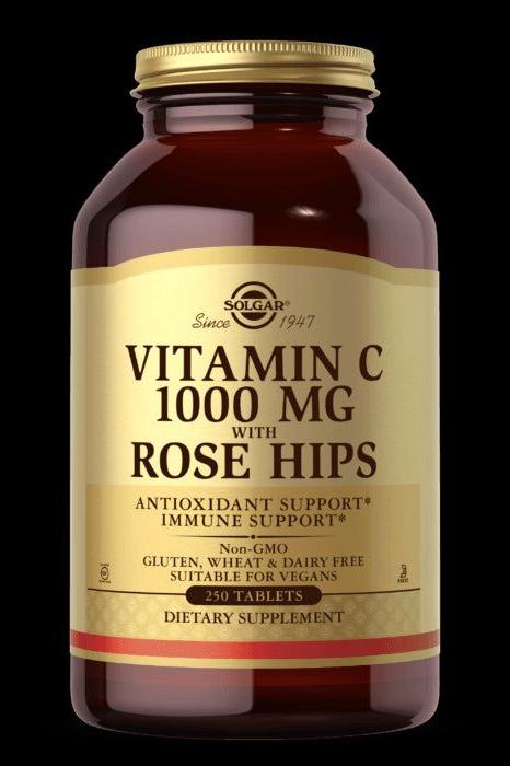 Solgar Vitamin C 1000 mg with Rose Hips, 250 vegan tablets for immune and antioxidant support.