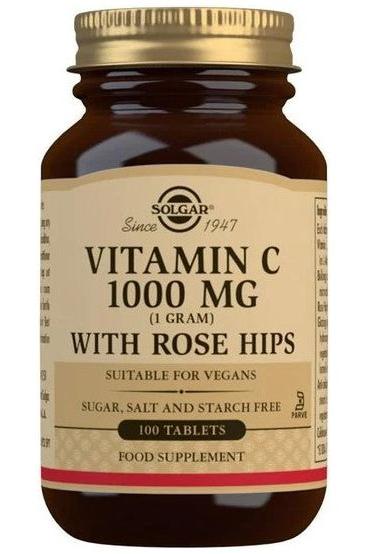 Solgar Vitamin C 1000 mg supplement with rose hips, 100 tablets, suitable for vegans, antioxidant support.