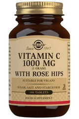 Solgar Vitamin C 1000 mg supplement with rose hips, 100 tablets, suitable for vegans, antioxidant support.