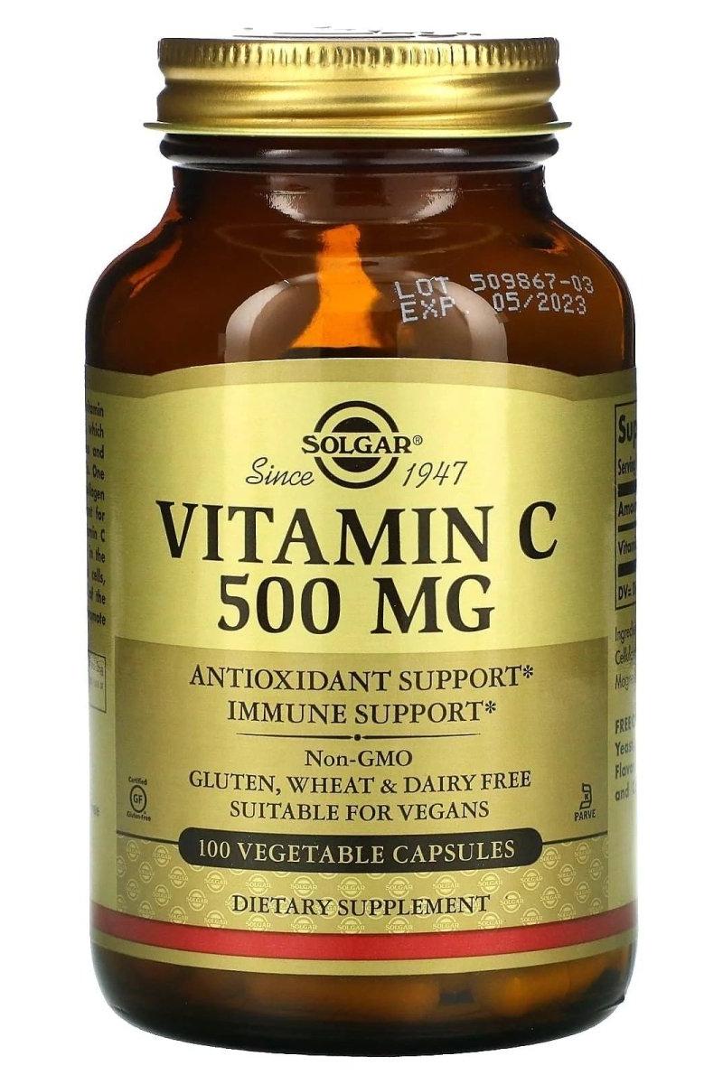 Solgar Vitamin C 500 mg dietary supplement in a glass bottle, promoting immune support and antioxidant benefits.