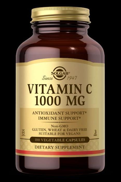 Solgar Vitamin C 1000 mg dietary supplement in a brown bottle for immune support and antioxidant benefits.