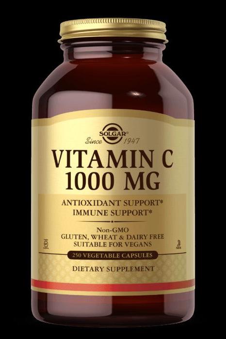 Solgar Vitamin C 1000 mg dietary supplement, 250 vegetable capsules, supports immune health and antioxidant protection.