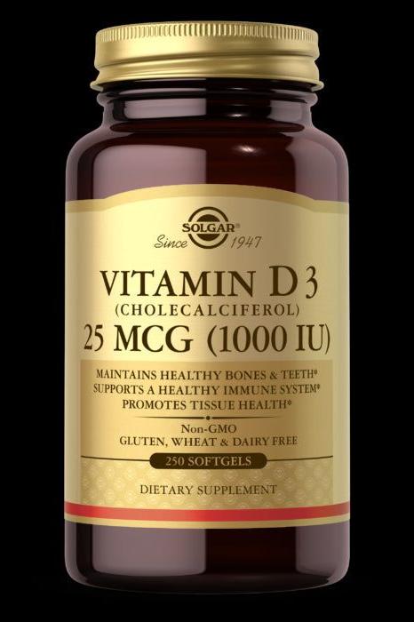 Solgar Vitamin D3 25 mcg (1000 IU) dietary supplement for bone health and immune support in softgel form.