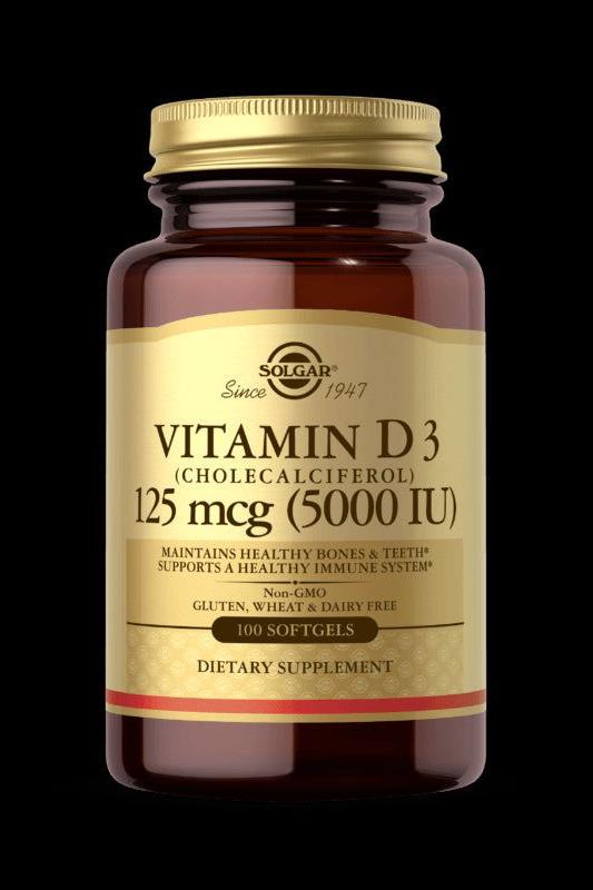 Solgar Vitamin D3 125 mcg dietary supplement in a dark glass bottle with a gold cap.