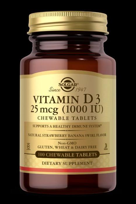 Solgar Vitamin D3 chewable tablets, 100 count, gluten-free, supports immune health and mood, strawberry-banana flavor.