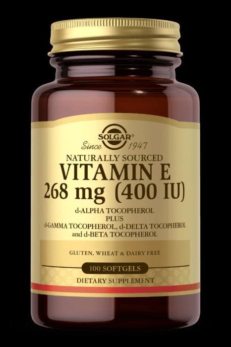 Solgar Vitamin E 400 IU 268 mg supplement bottle, 100 softgels, gluten and dairy free.