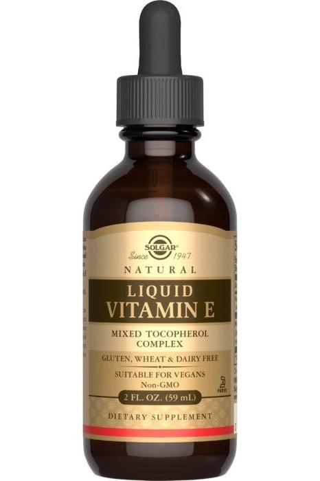 Solgar Liquid Vitamin E - Natural antioxidant supplement with mixed tocopherol complex, suitable for vegans and non-GMO.