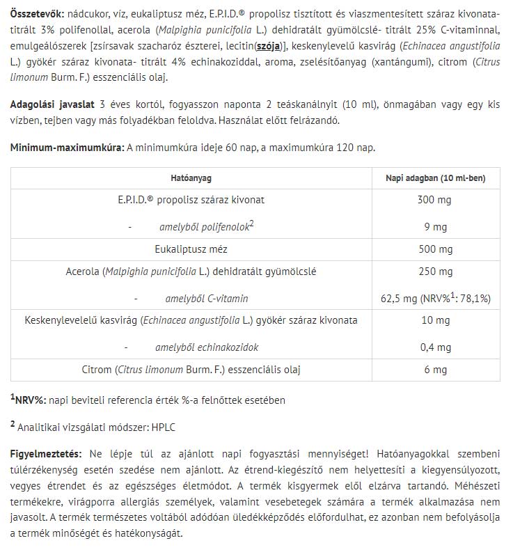 Propoli Plus E.P.I.D Junior baksida med näringsinformation
