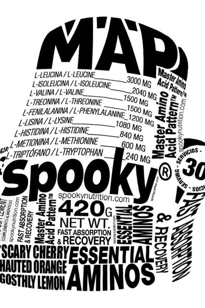 Spooky MAP amino acid formula label showcasing ingredients and benefits for muscle growth and recovery.