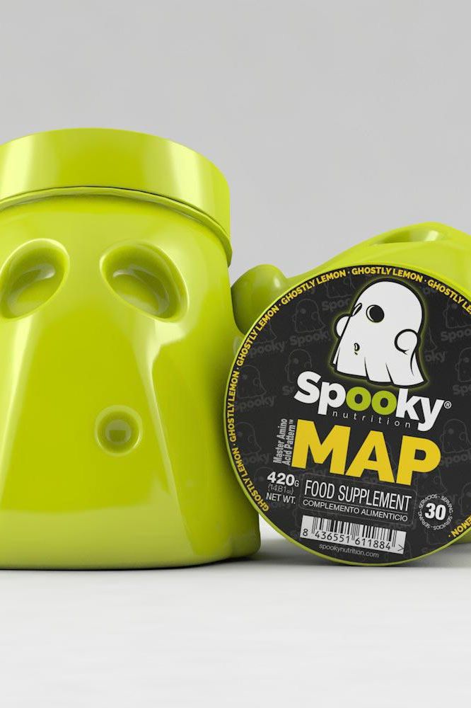 Spooky MAP food supplement jar and container in bright green color, designed for strength and muscle growth.