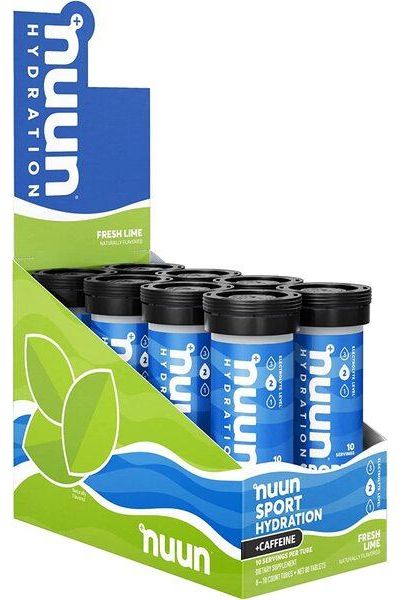 Nuun Sport Hydration with Caffeine display, featuring hydration tablets in fresh lime flavor.