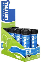 Nuun Sport Hydration with Caffeine display, featuring hydration tablets in fresh lime flavor.