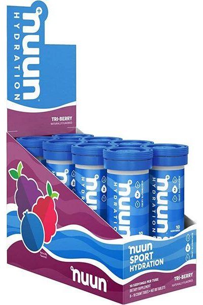 Nuun Sport Hydration Tri-Berry hydration tablets in display box, providing electrolytes for active lifestyles.