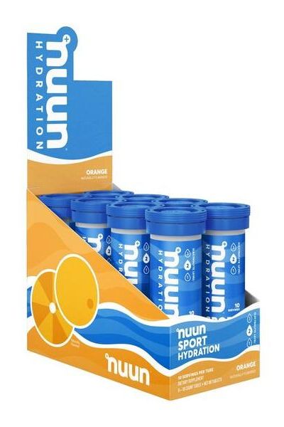Nuun sport hydration tablets in orange flavor, promoting hydration and electrolyte balance for athletes.
