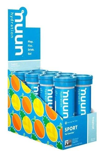 Nuun Sport Hydration tablets display for exercise, featuring bright blue packaging with orange graphics.