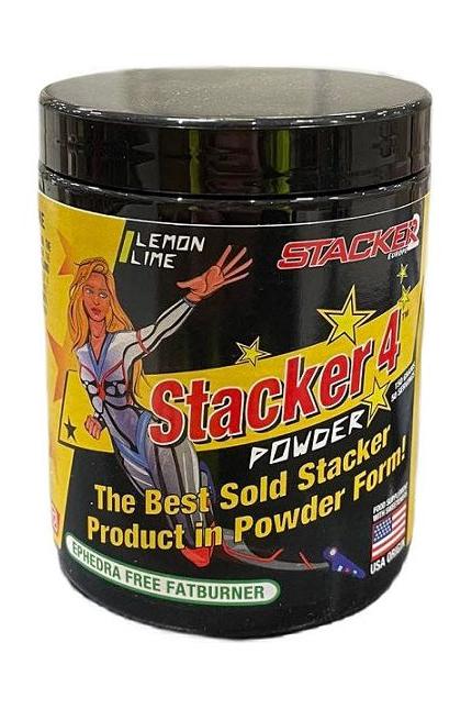Stacker 4 Powder container in lemon-lime flavor, a leading fat burner for effective weight loss and energy.
