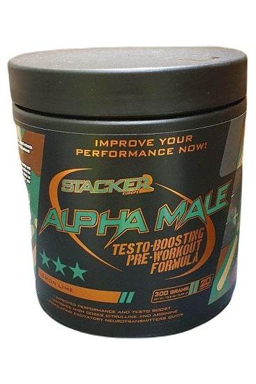 Stacker2 Alpha Male testosterone-boosting pre-workout supplement jar for enhanced performance and energy.