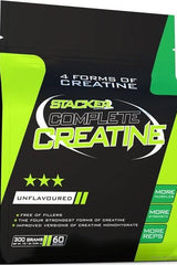 Stacker2 Complete Creatine 300g packaging showcasing 4 forms of creatine, unflavored, promotes muscle strength and performance.