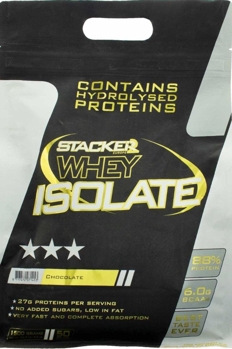 Stacker2 Europe Whey Isolate protein powder bag with 88% protein, low in fat and no added sugar, chocolate flavor.