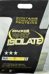 Stacker2 Europe Whey Isolate protein powder bag with 88% protein, low in fat and no added sugar, chocolate flavor.