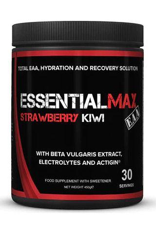 EssentialMAX Strawberry Kiwi - EAA supplement for muscle recovery, hydration, and electrolytes in a 450g container.