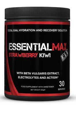 EssentialMAX Strawberry Kiwi supplement for hydration, recovery, and muscle support, featuring beta vulgaris and electrolytes.