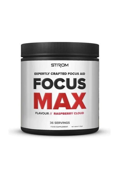 Strom Sports FocusMax supplement canister for enhanced concentration and mental clarity, Raspberry Cloud flavor.