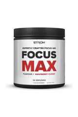 Strom Sports FocusMax supplement canister for enhanced concentration and mental clarity, Raspberry Cloud flavor.