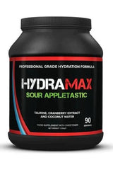 Strom HydraMax hydration formula tub; professional sports supplement with 90 servings, sour appletastic flavor.